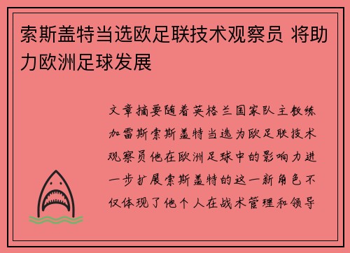 索斯盖特当选欧足联技术观察员 将助力欧洲足球发展